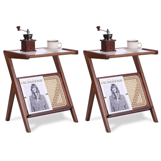 Tiita 2 Pack Rattan Side Table, Mid Century Nightstand, Bamboo Accent Bedside Tables, Glass Coffee Tables, Boho Wooden End Table with Storage for Small Space, Living Room and Bedroom