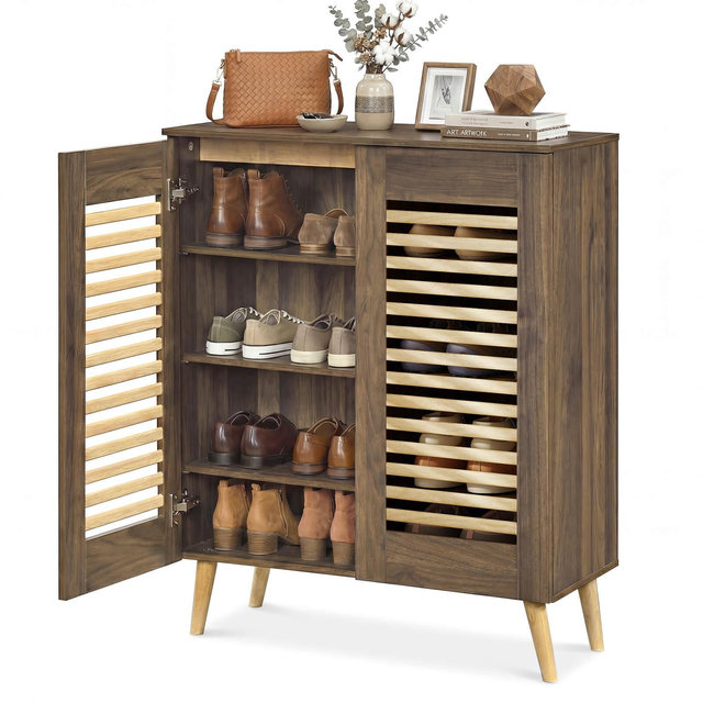 Costway Shoe Cabinet with 2 Louvered Doors&3 Removable Shelves,5-Tier Narrow Cabinet Walnut