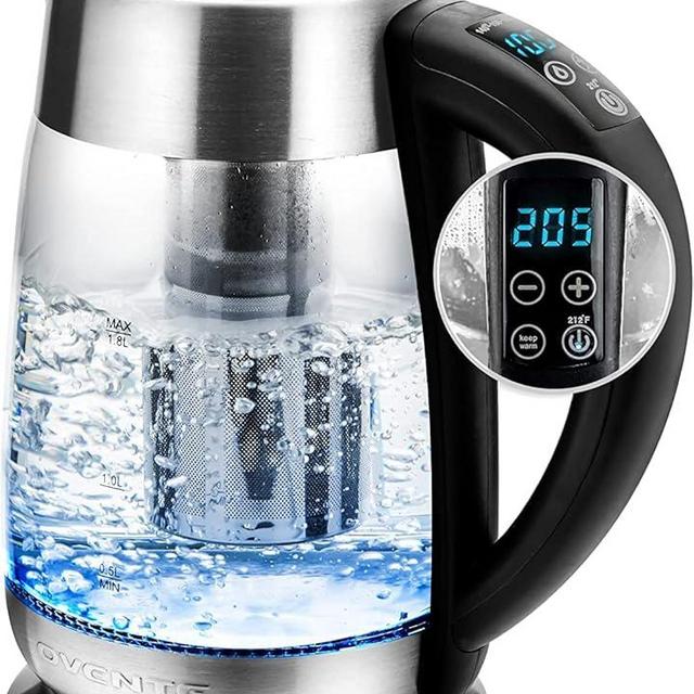 OVENTE Electric Glass Kettle Hot Water Boiler 1.8 Liter BPA Free 1500W, Set Temperature Control, Auto Shut Off, Portable Tea Kettle & Instant Water Heater + Stainless Steel Infuser - KG6610S