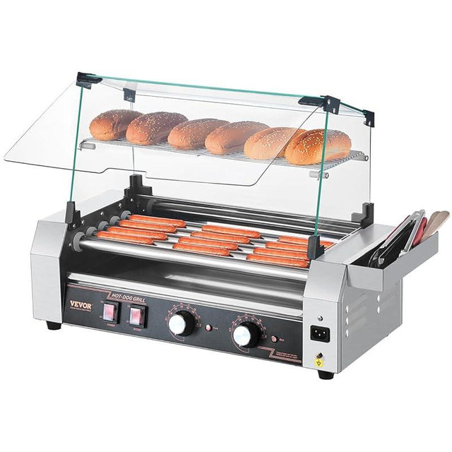VEVOR Hot Dog Roller, 12 Hot Dog 5 Rollers, Stainless Steel Sausage Grill Cooker, 750W Commercial Hot Dog Machine with Dual Temp Control, Cover, Side Storage Box, Removable Shelf & Oil Drip Tray