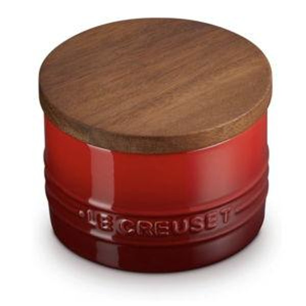 Le Creuset Signature Small Salt Cellar and Storage Canister with Wood Lid, 7 oz., Cerise