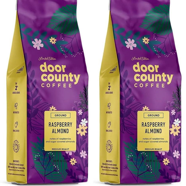 Door County Coffee Raspberry Almond, Flavored Coffee Ground - 8 oz Bag - Spring-Summer Seasonal - Medium Roast - 100% Specialty Arabica - Raspberry, Sugar Coated Almonds Flavored (Pack of 2)
