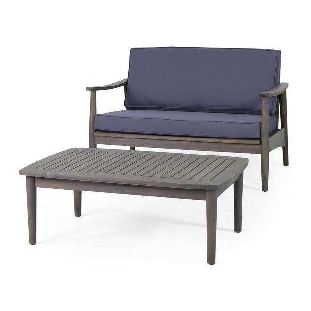 2pc Willowbrook Patio Acacia Wood Loveseat Set with Coffee Table - Gray/Dark Gray - Christopher Knight Home