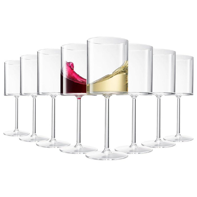 Unbreakable Stemmed Square Tritan Acrylic Wine Glasses European Style | Set of 8 | 100% US Drinkware, 18 oz Dishwasher Safe Clear Color Shatterproof BPA-free plastic, Floating Pool, Indoor and Outdoor
