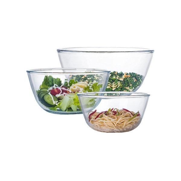 Glass Mixing Bowl Set of 3 for Kitchen, Baking, Prepping, Serving, Cooking 1.1QT, 2.5QT, 4.2QT Large Salad Bowl Set, High Brosilicate Bowl Set, Stackable, Non-toxic, Microwavable, Great Gift