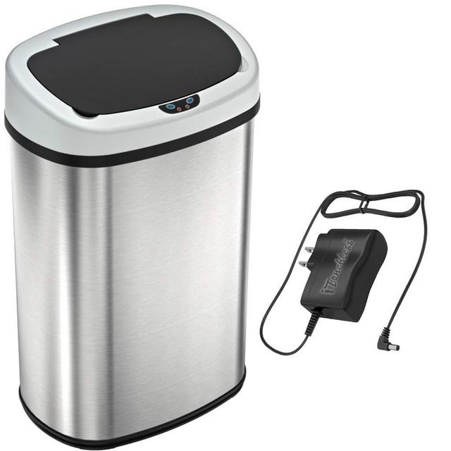 SensorCan 13 Gallon Battery-FREE Automatic Sensor Kitchen Trash Can with Power Adapter, Oval Shape Stainless Steel Garbage Bin with AC Plug