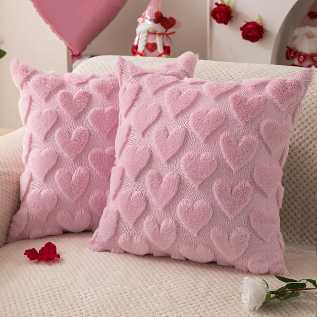 DFXSZ Valentines Pillow Covers 16x16 inch Set of 2 Valentines Day Decoration Pink Heart Soft Plush Faux Fur Jacquard Throw Pillows for Bedroom Sofa Holiday Festivals Home Decor PTK017B16