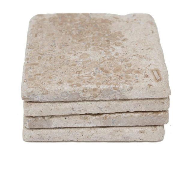 Beige 4'' X 4'' Travertine with Fossil Coasters Stone"drink" Spills Coasters Tumbled Stone Set of 4 Pieces