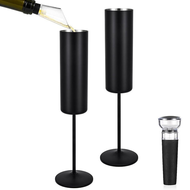 Qtencas 2 Pack Insulated Stainless Steel Champagne Glasses, Champagne Flutes Set of 2, 6oz Unbreakable Reusable Stemmed Champagne Glasses for Party Birthday Christmas Wedding Anniversary, Black