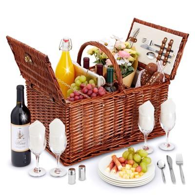 Juvale 4 Person Wicker Picnic Basket Set with Utensils, Glasses, and Insulated Cooler Bag, Camping Essentials Outdoor Tableware for Family Gatherings