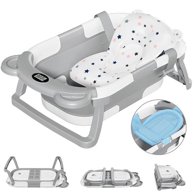 MoreFeel Collapsible Baby Bathtub for Newborn with Thermometer & 1 Soft Floating Cushion,Portable Travel Bathtub with Drain Hole, Durable Foldable Baby Tubs for Infants to Toddler