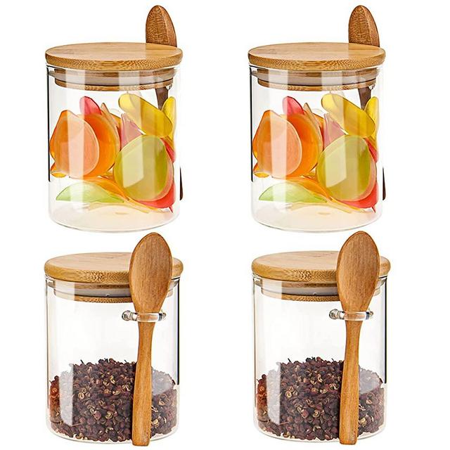 Glass Food Storage Container Set,Sealed glass Jars with Airtight Bamboo Lids & Spoonse,Food Storage Jars Containers with Scoop for Candy,Cookie,Rice,Sugar,Flour,Pasta,Nuts,Kitchen,4 Sets 18.5oz 540ml