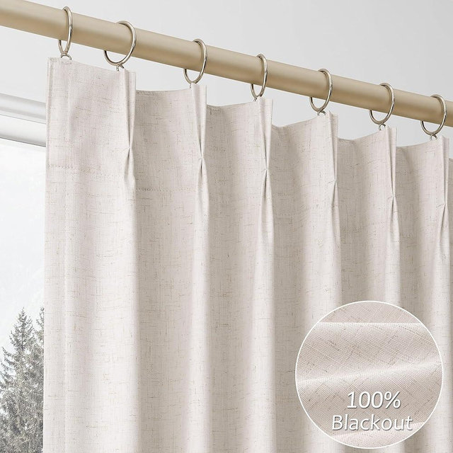 Pinch Pleat Linen Blackout Curtains for Living Room Farmhouse Style Thermal Insulated Black Out Curtains 84 Inch Long 2 Panels Cream Beige Burlap Textured Faux Room Darkening Pleated Drapes with Hooks