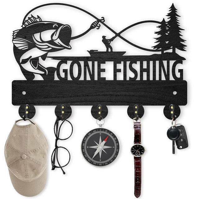 MAYJOYDIY Wood Fish Coat Rack, 5 Alloy Hooks, Wall Mounted, 11.8x8inch, Fishing Theme, Art Deco Style, Hallway Entryway Kitchen Gift