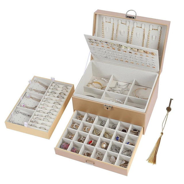 BOOVO Earring Jewelry Box For Women Girl Stud Organizer, 5 Layers Girl Jewelry Organizer Box With Lock Earring Holder Organizer Necklace Ring Jewelry Organizer Box For Girls (Champagne)