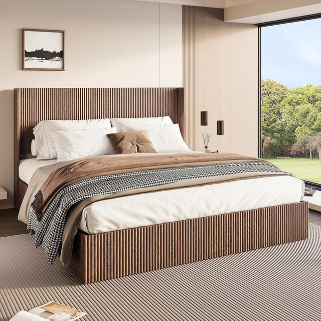 Lift Up Storage Bed King Size, King Bed Frame with Headboard and Lift Storage System, Wood Headboard with Wing-Back and Convex Groove Board Design