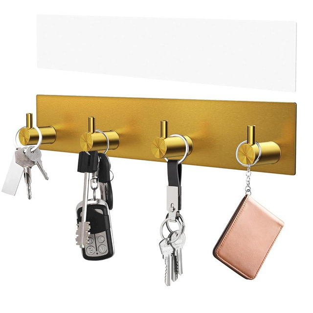 VIS'V Key Holder Wall Mount, Large Metal Self Adhesive Key Hanger with 4 Hooks, No Drilling, Extra Adhesive Strip, Gold