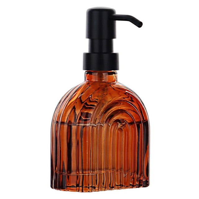 Glass Soap Dispenser for Kitchen and Bathroom Contertop Wash Hand Liquid, Dish Detergent, Farmhouse Style Shampoo Lotion Pump (1, Brown Glass with Black, 4" x 2"x 6-5/8")