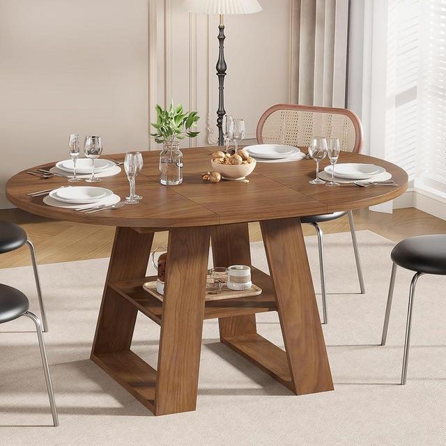 43.3in-59in Extendable Round Dining Table for 4-8,Modern Kitchen Oval Dining Table with Removable Leaves Space Saving,Wood Base with Storage Shelf for Kitchen Living Room