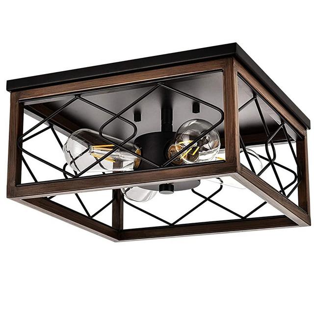 JOPON 4-Light Semi-Flush Mount Ceiling Light,12’’Farmhouse Flush Mount Ceiling Light Basket Light Metal Faux Wood Vintage Light Fixture Industrial Light Fixture for Bedroom Hallway Laundry Entryway