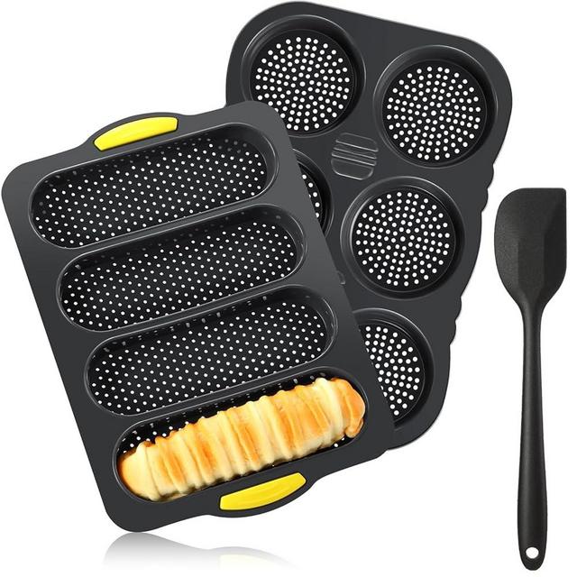 FillTouch Set of 3 Silicone Baguette Pan and Hamburger Bun Pan Set with Spatula Nonstick 4 Wave Baguette Baking Tray 6 Cup Hamburger Bun Mold Bread Pans for Homemade Bread Loaf Sandwich, Oven Safe