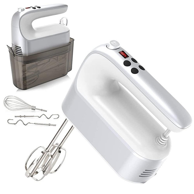 Yomelo 9-Speed Digital Hand Mixer Electric, 400W Powerful DC Motor, Baking Mixer Handheld with Snap-On Storage Case, Touch Button, Turbo Boost, 5 Stainless Steel Accessories, Flat Beaters, Dough Hooks, Whisk (Silvery White)