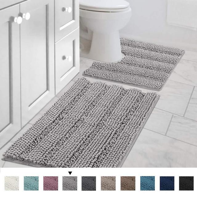 Bathroom Rugs Luxury Chenille Mat Set, Soft Plush Shower Rug + Toilet Mat, Microfiber Striped Shaggy Carpet, Machine Washable Bath Mats (Curved Set, 32" x 20"/20" x 20", Dove)