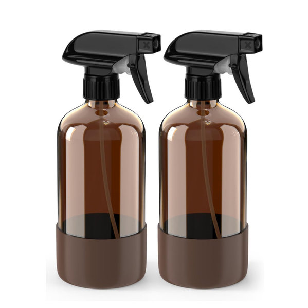 Glass Spray Bottle with Silicone Sleeve Protection, Amber Glass Spray Bottle Set for Window Cleaner Aromatherapy Facial Hydration Watering Flowers Hair Care 2 Pack/16 oz (Brown, 16 oz)