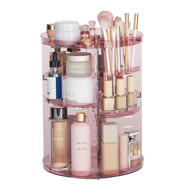 Rotating Makeup Organizer, DIY 8 Adjustable Layers 360 Spinning Skincare Organizers, Makeup Storage Carousel Tower with Brush Holder & Perfume Trays, Cosmetic Display Case for Vanity Bathroom