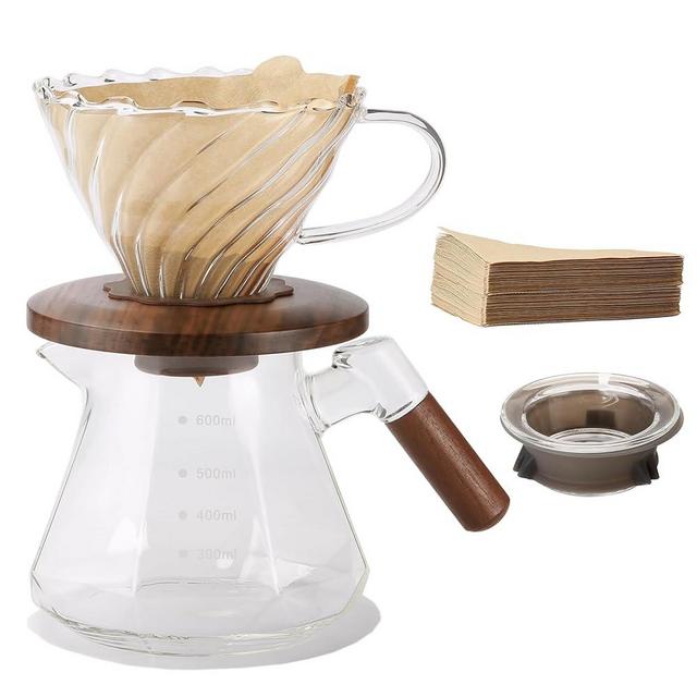Lalord Pour Over Coffee Maker, 20 oz Borosilicate Glass Set with 100 pcs V60 Paper Filter, Coffee Dripper with Walnut Collar, Coffee Pot with Glass Lid, 1-3 Cups, Clear, (600 ml)