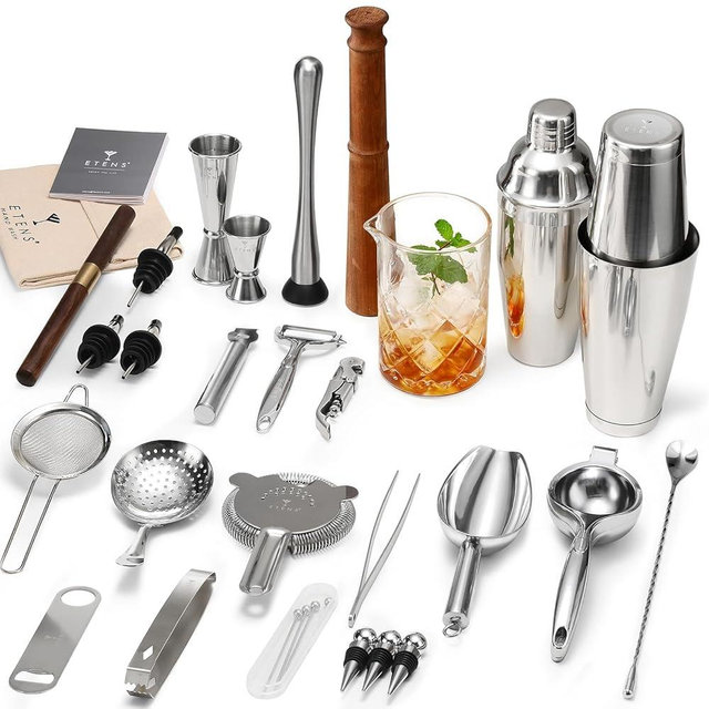 ETENS 33-Piece Professional Bartender Kit with Weighted Boston Shaker – High End Mixology Set for Home Bar – Stainless Steel Barware Tool Set Unbreakable Citrus Squeezer, Ice Scoop & Mixing Glass