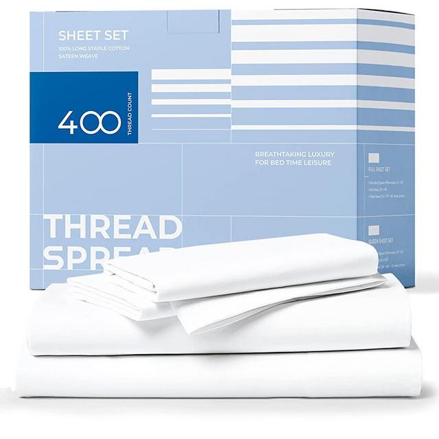 100% Cotton Queen Size Sheet Set - 4 Piece Set - Hotel Luxury Bed Sheets - Deep Pocket - Easy Fit - Breathable & Cooling Sheets - Comfy - 400 Thread Count Sateen Weave White Bedsheets - Queens Sheets