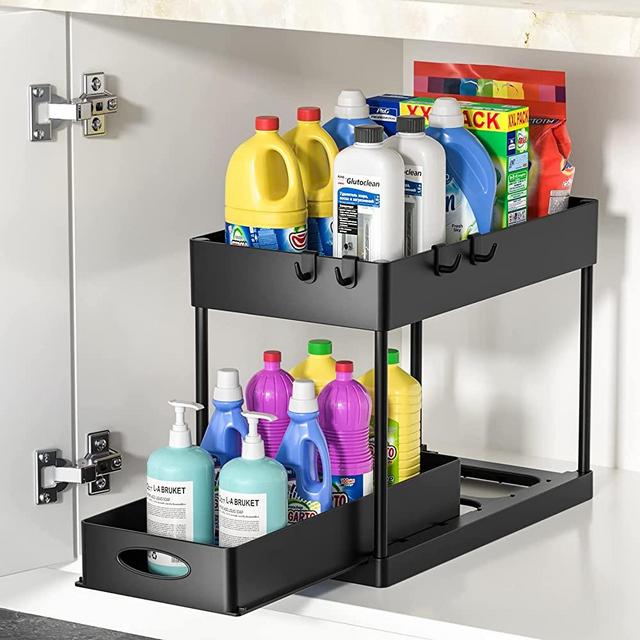 Under Sliding Sink Organizers and Storage, Under Bathroom Sink Organizer, 2 Tier Under Cabinet Storage, Bathroom Storage Racks Pull Out, Organization and Storage for Kitchen Home (Black)