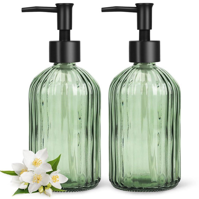 Topsky 2 Pack Glass Soap Dispenser with Plastic Pump, 400ml Liquid Hand Soap Dispenser, Rustproof Pump for Kitchen & Bathroom, Great for Lotions, Essential Oil, Liquid Soaps,Army Green