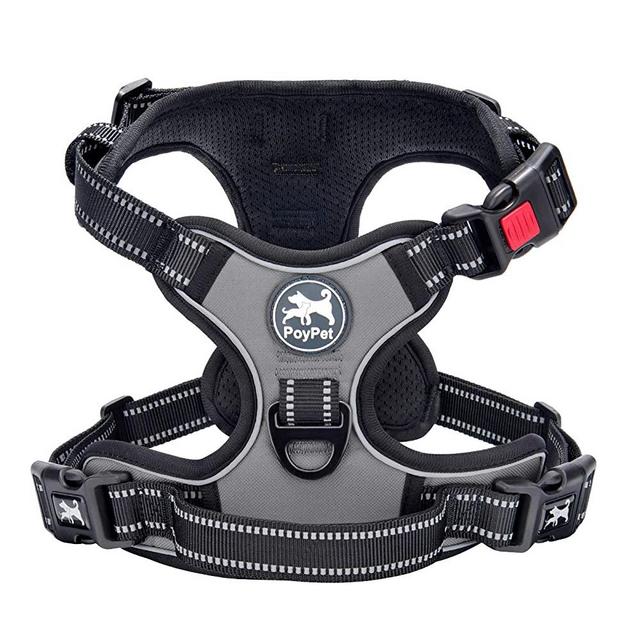 PoyPet No Pull Dog Harness, No Choke Front Lead Dog Reflective Harness, Adjustable Soft Padded Pet Vest with Easy Control Handle for Small to Large Dogs(Grey,S)
