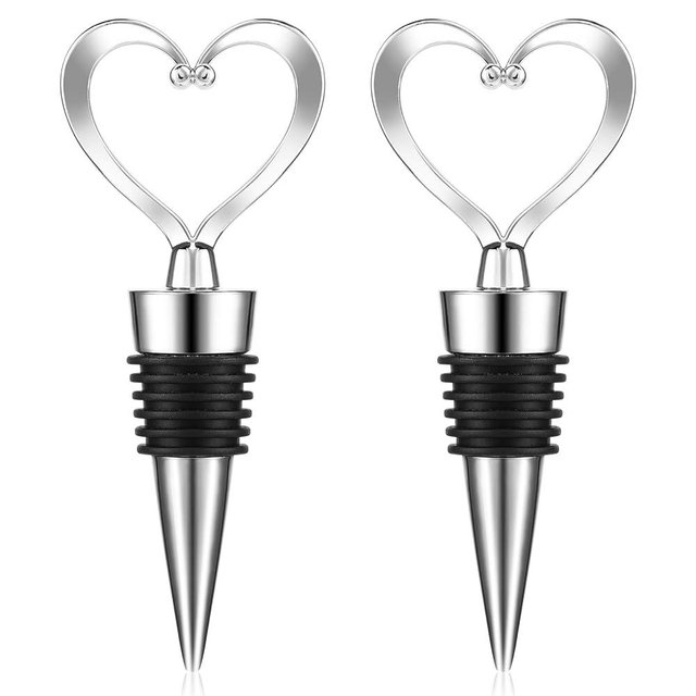 COMNICO Heart Wine Stopper Decorative Beverage Bottle Sealers Cover Wine Outlet Cap Reusable Rubber Plug Cork Sealing Saver for Wine Champagne Beer Collection Silver 2 pack