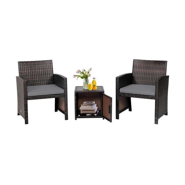 Tangkula 3 Pieces Outdoor PE Wicker Bistro Set with Waterproof Cover for Porch Balcony Garden and Poolside, Grey Cushion