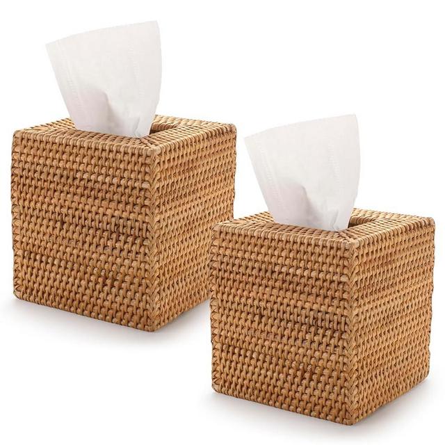 2 Pack Rattan Tissue Box Cover Square, Hand Woven Wicker Tissue Holder, 5.5 x 5.5 X 5.7 inch, Natural