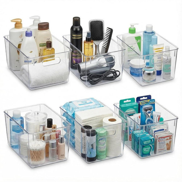 MOONEDGE Open Clear Plastic Storage Bins Stackable Organizer Containers with Handles for Kitchen, Pantry, Fridge, Cabinet, Closet Storage & Home Organization 6 Pack（11 x 8 x 6 in）