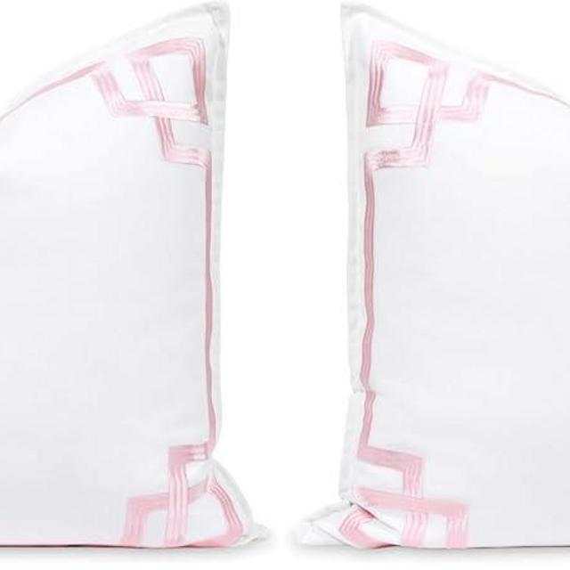 Hofdeco Premium Coastal Patio Indoor Outdoor Throw Pillow Cover Only, 20"x20" Water Repellent for Backyard, Couch, Blush Pink Embroidered Frame Greek Key (Pack of 2)