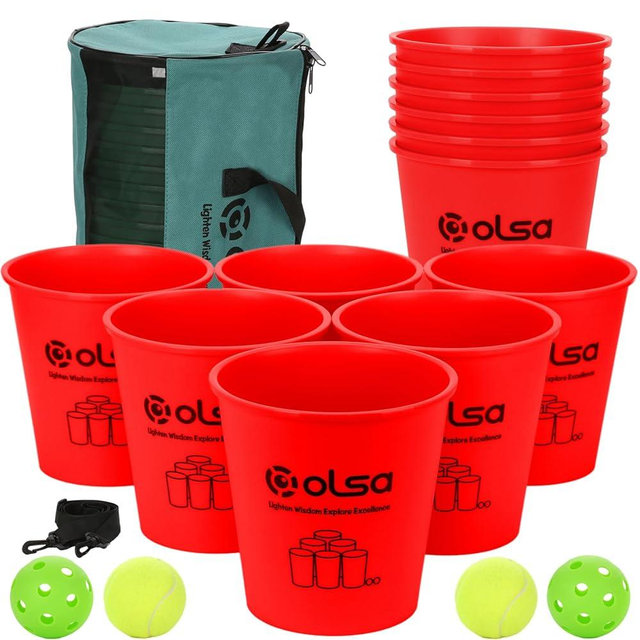 Olsa Giant Yard Pong Games, Outdoor Games for Adults and Family, Toss Games with 12 Buckets, Balls & Strength Carrying Bag for Beach, Camping, Lawn and Backyard(Red)