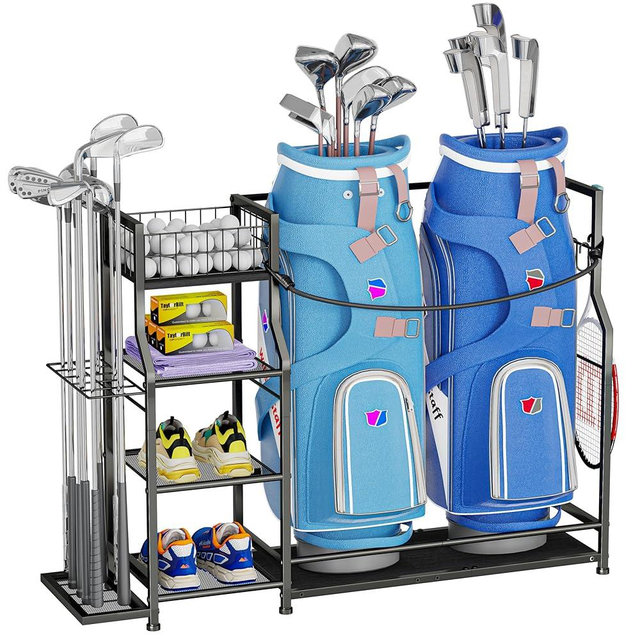 Golf Bag Storage Organizer for Golf Accessories, Golf Bag Stand with Extra Storage Rack for Golf Clubs & Golf Essentials, Golf Bag Holder for Garage Organization Fits 2 Bags, Metal & Wood Construction