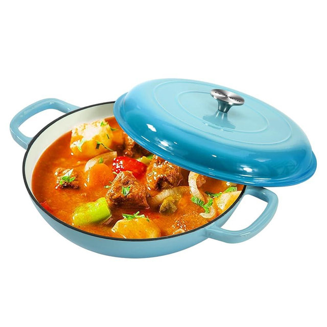 COOKWIN Cast Iron Casserole Braiser, 3.8 Quart,Heavy Duty Casserole Skillet with Lid and Dual Handles, Porcelain Enameled Surface Cookware Pot, Mother's Day Gifts for Family Light Blue
