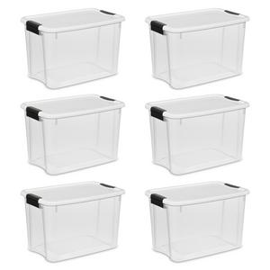 STERILITE 19859806, 30 Quart/28 Liter Ultra Latch Box, Clear with a White Lid and Black Latches, 6-Pack