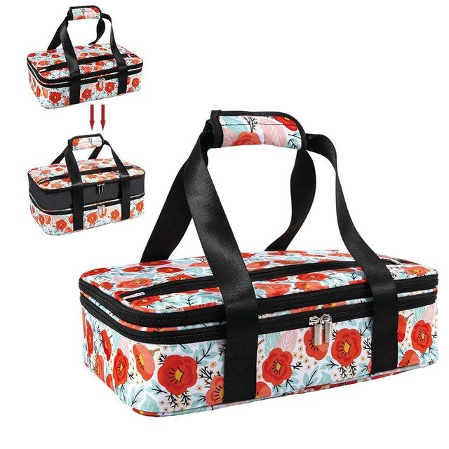 Pioneer Woman Insulated Double Casserole Carrier for Hot or Cold Food with Handle Food Transport Expandable for Travel Picnic Cookouts,Pioneer Woman Kitchen Stuff Accessories Fits 9" x 13" Baking Dish