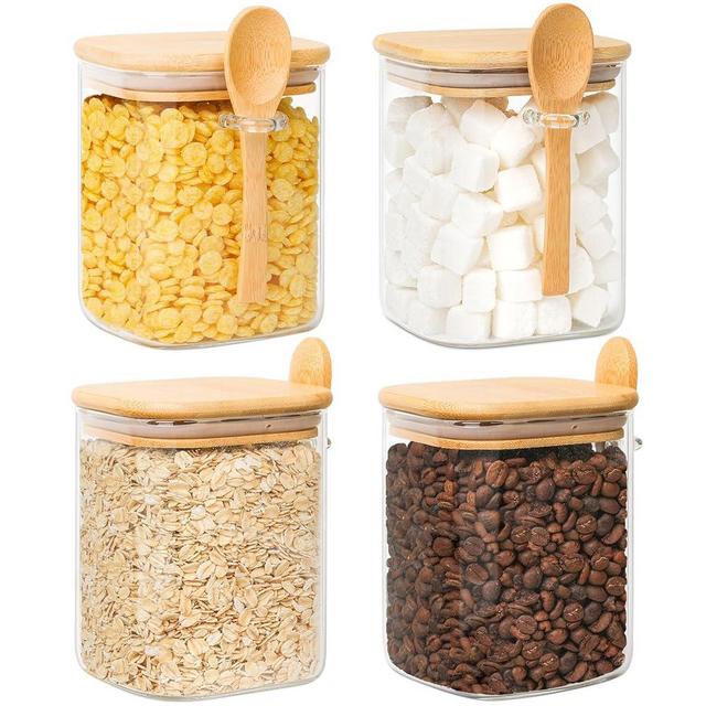 ComSaf 31oz Glass Jars with Bamboo Lids & Spoons Set of 4, Square Glass Containers with Lids, Sugar Coffee Containers Salt Spice Jars, Pantry Storage Container for Candy, Tea, Brown Sugar, Nuts