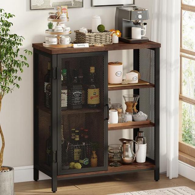 BON AUGURE Farmhouse Coffee Bar Cabinet for Home, Industrial Buffet Sideboard for Kitchen and Dining Room, Small Wood Metal Storage Cabinet with Adjustable Shelves (Rustic Oak)