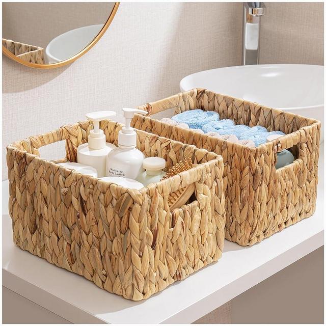 ELONG HOME Water Hyacinth Wicker Baskets, Rectangular 12" Wicker Basket 2 Pack, Wicker Basket for Shelves, Woven Storage Baskets with Handles