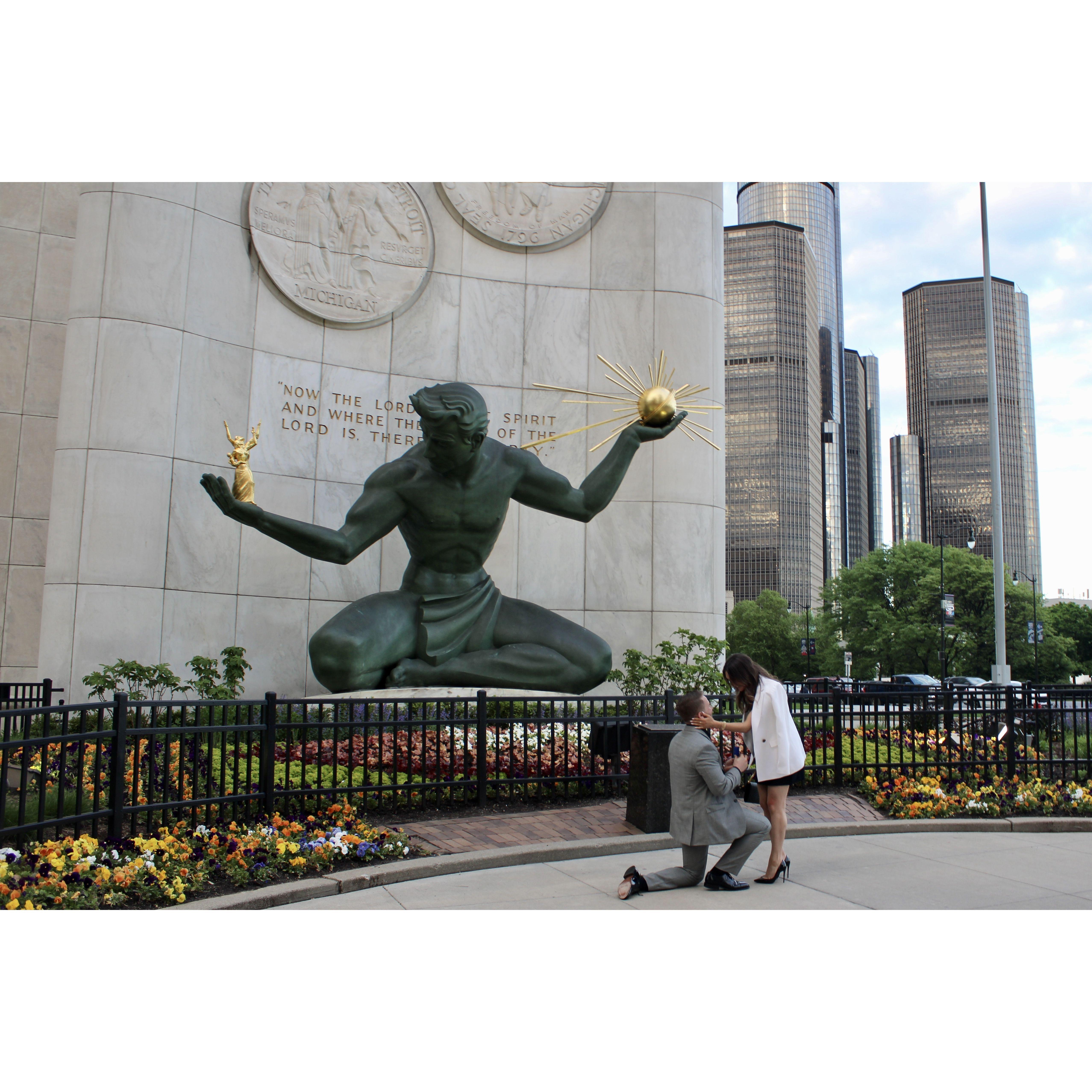 Proposal infront of the Spirit of Detroit