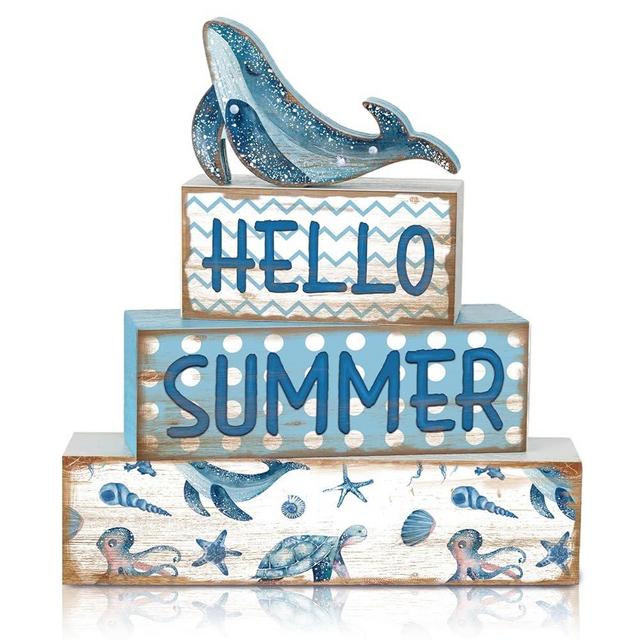 Burbell 4 Pcs Summer Wooden Tiered Tray Decor Farmhouse Rustic Table Decor Books Stack Block Signs for Table & Home Office Decorations(Sea Style)